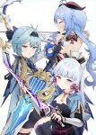  3girls absurdres ahoge armor back bare_shoulders black_gloves black_legwear blue_eyes blue_hair bow_(weapon) breastplate cape claymore_(sword) closed_eyes detached_sleeves drawing_bow eula_(genshin_impact) ganyu_(genshin_impact) genshin_impact gloves goat_horns hair_ornament hairband highres holding holding_bow_(weapon) holding_sword holding_weapon horns kamisato_ayaka long_hair long_sleeves looking_at_viewer mole mole_under_eye multiple_girls ponytail steeb sword thighhighs weapon white_hair yellow_eyes 