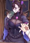  1boy 1girl black_skirt blush book breasts brown_eyes brown_hair closed_mouth command_spell corset fate/grand_order fate_(series) fujimaru_ritsuka_(male) hair_cones half-closed_eyes hetero highres holding holding_book holding_hands indoors juliet_sleeves large_breasts long_sleeves looking_at_viewer murasaki_shikibu_(fate) nakamura_regura pov pov_hands puffy_sleeves seductive_smile semi-rimless_eyewear sitting skirt smile under-rim_eyewear 