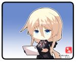  1girl azur_lane bangs bismarck_(azur_lane) bismarck_(iron_black_elysium)_(azur_lane) black_gloves blonde_hair blue_eyes bow chibi commentary_request eyebrows_visible_through_hair gloves hair_between_eyes hair_bow holding holding_pen long_hair low_ponytail notepad official_alternate_costume pen short_sleeves sidelocks simple_background solo taisa_(kari) twitter_username writing 