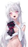  1girl :d absurdres ahoge bad_id bad_twitter_id breasts choker chungu elbow_gloves fangs gloves grey_hair hair_cones head_tilt heart heart-shaped_pupils highres holding holding_stuffed_toy looking_at_viewer medium_breasts navel o-ring o-ring_choker open_mouth original pink_eyes simple_background smile solo stuffed_animal stuffed_toy symbol-shaped_pupils teddy_bear upper_body white_background white_gloves 
