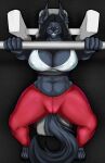  absurd_res anthro bench_press big_breasts black_body black_fur bodily_fluids bottomwear breasts canid canine canis cleavage clothed clothing elizabeth_(ostyeen) exercise female fur hi_res mammal muscular muscular_female pants red_eyes solo sweat tolerain tuft wolf yoga_pants 
