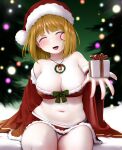  1girl :d blonde_hair blush breasts cape christmas_present christmas_tree closed_eyes facing_viewer gift incoming_gift jewelry kozue_akari large_breasts medium_hair monocle navel necklace open_mouth red_cape red_skirt santa_costume sen_rikyuu sengoku_otome sitting skirt smile solo 