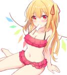  1girl alternate_costume arm_support asymmetrical_hair bangs blonde_hair blush breasts cleavage collarbone crystal eyebrows_visible_through_hair eyelashes flandre_scarlet food food_in_mouth frilled_swimsuit frills hair_ribbon looking_at_viewer navel one_side_up popsicle red_ribbon red_swimsuit ribbon rimu_(kingyo_origin) short_hair simple_background sitting small_breasts solo stomach sweatdrop swimsuit thighs touhou white_background wings yokozuwari 
