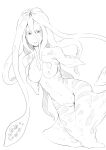  1girl breasts fins greyscale highres looking_at_viewer medium_breasts mermaid monochrome monster_girl nakamura_regura nipples original parted_lips pussy scylla simple_background solo suction_cups tentacle_hair white_background wide-eyed 