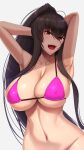  1girl armpits arms_behind_head arms_up bangs bare_shoulders bikini black_hair blush breasts cleavage collarbone highres kurochijo large_breasts long_hair navel open_mouth original pink_bikini pink_swimsuit ponytail red_eyes shuugetsu_karasu sidelocks smile solo swimsuit 