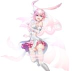  1girl :d animal_ears bangs bare_shoulders blue_eyes blue_sky blurry breasts cherry_blossoms commentary_request detached_sleeves dress fox_ears gotointhepark hair_between_eyes hair_ornament head_tilt highres honkai_(series) honkai_impact_3rd layered_skirt leg_up looking_at_viewer medium_breasts miniskirt open_mouth panties photoshop_(medium) pink_hair pink_skirt round_teeth see-through shirt short_hair simple_background skirt sky smile solo teeth thighhighs underwear upper_teeth veil wedding_dress white_background white_legwear white_panties white_shirt yae_sakura yae_sakura_(flame_sakitama) 