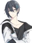  1boy black_hair black_shirt blue_eyes blue_hair ear_piercing highres jacket long_sleeves looking_to_the_side male_focus mayuzumi_kai multicolored_hair nijisanji pale_skin piercing shirt solo sorano white_jacket 