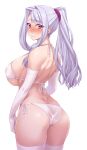  1girl ass bikini blush breasts cowboy_shot elbow_gloves gloves hair_intakes hair_ornament hair_scrunchie hairband highres huge_breasts idolmaster idolmaster_(classic) long_hair micro_bikini namidame nose_blush ponytail purple_eyes purple_scrunchie scrunchie shijou_takane side-tie_bikini sidelocks simple_background solo standing string_bikini swimsuit thighhighs white_background white_bikini white_gloves white_legwear 