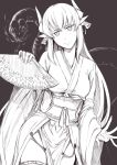  1girl brown_theme closed_mouth fate/grand_order fate_(series) folding_fan hand_fan head_tilt highres holding holding_fan horn_ornament horns japanese_clothes kimono kiyohime_(fate) long_sleeves looking_at_viewer monochrome nakamura_regura obi sash smile snake solo thighhighs wide_sleeves 