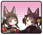  :d akagi-chan_(azur_lane) amagi-chan_(azur_lane) azur_lane bangs bell blunt_bangs brown_hair commentary_request eyebrows_visible_through_hair eyeshadow fox_girl fox_tail from_behind hair_bell hair_between_eyes hair_ornament hairclip head_tilt japanese_clothes kyuubi long_hair long_sleeves looking_at_viewer looking_back makeup multiple_tails purple_eyes red_eyes shaft_look sidelocks simple_background smile tail taisa_(kari) thick_eyebrows twintails twitter_username wide_sleeves 