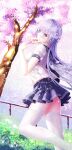  1girl alternate_costume azur_lane braid breasts cherry_blossoms e^(in)+1=0 feet_out_of_frame food food_in_mouth french_braid from_side highres large_breasts long_hair looking_at_viewer miniskirt mouth_hold purple_eyes purple_hair purple_sailor_collar purple_skirt rodney_(azur_lane) sailor_collar school_uniform shirt short_sleeves skirt solo standing thighhighs toast toast_in_mouth very_long_hair white_legwear white_shirt zettai_ryouiki 