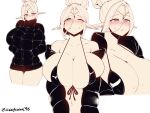  big_breasts blonde_hair blush bodily_fluids breasts clothed clothing elf female hair hi_res huge_breasts humanoid not_furry orangegoon simple_background solo sweat white_background 