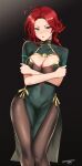  1girl :o absurdres ahoge breasts brown_legwear cleavage crossed_arms dress epic_seven frown gold_trim green_eyes grey_dress highres hwayoung_(epic_seven) large_breasts long_hair looking_at_viewer open_mouth pantyhose pelvic_curtain red_hair short_sleeves solo standing twomoon v-shaped_eyebrows 