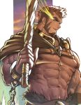  1boy abs bara brown_cape brown_hair cape chain chest_harness club_(weapon) facial_hair flaming_eye goatee harness heracles_(housamo) highres large_pectorals long_sideburns ma_am_00 male_focus muscular muscular_male nipples pectorals short_hair sideburns simple_background solo tokyo_afterschool_summoners two-tone_cape weapon 