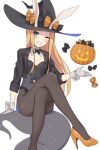  1girl abigail_williams_(fate) absurdres animal_ears arm_support bangs black_bow black_headwear black_jacket black_legwear black_leotard black_vest blonde_hair blush bow brown_bow cropped_jacket crossed_legs eyes_visible_through_hair fake_animal_ears fate/grand_order fate_(series) gloves grin hat hat_bow high_heels highres jack-o&#039;-lantern jacket kopaka_(karda_nui) leotard long_hair long_sleeves looking_at_viewer multiple_bows one_eye_closed open_clothes open_jacket orange_footwear pantyhose parted_bangs polka_dot polka_dot_bow rabbit_ears shoes simple_background sitting smile solo tentacles very_long_hair vest white_background white_gloves witch_hat 