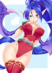  1girl blue_hair breasts breath_of_fire breath_of_fire_ii cleavage covered_nipples dragon dragon_girl dragon_wings green_eyes highres large_breasts leotard long_hair looking_at_viewer monster_girl patty_the_phantom_thief pointy_ears ponytail red_leotard smile solo thighhighs wings yakisoba_(kaz2113) 