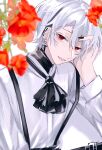  1boy 90_cis albino cross ear_piercing earrings flower grey_hair head_rest highres illustrator jewelry long_sleeves looking_at_viewer male_focus mole mole_under_eye nail_polish original pale_skin piercing red_eyes solo white_hair 