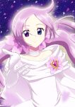  1girl absurdres bare_shoulders blue_eyes cape choker closed_mouth dress elbow_gloves forehead gloves heart_brooch heartcatch_precure! heterochromia highres long_hair low_twintails mugen_silhouette outstretched_hand petals pink_eyes pink_hair precure sentyouoekaki shiny shiny_hair smile solo split_mouth twintails upper_body white_cape white_choker white_dress white_gloves 