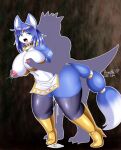  anthro aozora_(tasogare_aozora) big_breasts blue_body blue_fur blue_hair bodily_fluids breasts canid canine clothing female fox fur genital_fluids hair krystal lactating mammal nintendo nipple_fetish nipple_pinch nipple_play nipples pinch solo star_fox video_games 