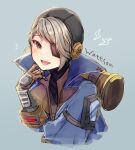  1girl apex_legends bangs black_eyepatch black_headwear blue_background blush brown_eyes brown_gloves character_name cropped_torso deep_current_wattson eyepatch gloves grey_hair lightning_bolt_symbol momoirone one_eye_covered smile solo upper_body wattson_(apex_legends) 