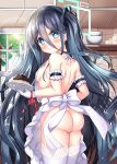  1girl absurdres alternate_costume apron arisu_(blue_archive) ass blue_archive blue_eyes blush breasts commentary dark_blue_hair hair_between_eyes hair_ornament halo headband highres kitchen long_hair looking_at_viewer naked_apron small_breasts smile solo thighhighs tia_(4017342) 