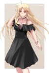  1girl bangs black_choker black_dress black_ribbon blonde_hair border bracelet breasts character_name choker cleavage closed_mouth collarbone dress eyebrows_visible_through_hair fate_testarossa floating_hair full_body grey_background hair_between_eyes hand_in_hair highres jewelry long_hair lyrical_nanoha mahou_shoujo_lyrical_nanoha_strikers medium_breasts medium_dress outside_border pendant red_eyes ribbon sketch smile solo sougetsu_izuki standing very_long_hair white_border 