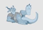  2020 3_toes absurd_res anthro barefoot big_feet blue_body blush claws clothed clothing dragon feet foot_focus hair hi_res horn lying male multicolored_body on_back open_mouth paws raised_leg scalie simple_background soles solo toe_claws toes two_tone_body uroko white_hair 