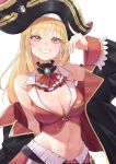  1girl absurdres arm_behind_back ascot bangs bare_shoulders black_coat blonde_hair blush breasts chen_yang_yang cleavage coat commentary_request cosplay ear_piercing eyebrows_visible_through_hair grin hair_ornament hat heterochromia highres hololive houshou_marine houshou_marine_(cosplay) jacket kitagawa_marin large_breasts long_hair long_sleeves looking_at_viewer nail_polish namesake navel off_shoulder open_clothes piercing pink_nails pirate_hat red_ascot red_eyes red_jacket red_skirt simple_background skirt sleeveless sleeveless_jacket smile solo sono_bisque_doll_wa_koi_wo_suru stomach upper_body white_background yellow_eyes 