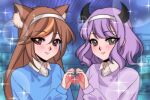  1990s_(style) 2girls animal_ear_fluff animal_ears blue_sweater brown_hair collared_shirt commission eris_graye_(artist) hairband hazumi_aileen heart heart_hands heart_hands_duo highres horns indie_virtual_youtuber lens_flare lion_ears lion_girl multiple_girls purple_eyes purple_hair purple_sweater retro_artstyle second-party_source shirt smile sparkle sweater taro_tapioca virtual_youtuber white_hairband white_shirt 