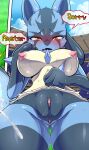  absurd_res anthro big_breasts black_body black_fur blue_body blue_fur blush bodily_fluids breasts dialogue english_text female fur genital_fluids genitals hi_res kicktyan looking_at_viewer lucario nintendo nipples nude pok&eacute;mon pok&eacute;mon_(species) pussy pussy_juice solo sweat tears text video_games 