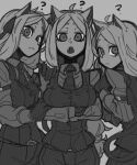  3girls ? ahoge animal_ears arm_garter belt bone_nig cerberus_(helltaker) closed_mouth collared_shirt commentary_request cowboy_shot crossed_arms demon_girl demon_tail dog_ears dog_girl fang formal gloves greyscale hand_on_another&#039;s_shoulder helltaker highres long_hair long_sleeves looking_at_viewer monochrome multiple_girls necktie open_mouth shirt standing tail triplets waistcoat 