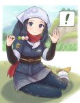  ! 1girl akari_(pokemon) black_hair black_shirt blush closed_mouth commentary_request day eyelashes grass grey_eyes grey_jacket hands_up head_scarf highres jacket kutabireta_neko long_hair loose_socks outdoors pantyhose pokemon pokemon_(game) pokemon_legends:_arceus red_scarf scarf shirt shoes sidelocks skirt sky smile solo spoken_exclamation_mark white_headwear white_legwear yellow_footwear 