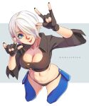  1girl \m/ abs angel_(kof) artist_name black_nails blue_eyes breasts cleavage crop_top fingerless_gloves gloves hair_over_one_eye highres letterboxed looking_up navel one_eye_covered outside_border short_hair snk solo stomach the_king_of_fighters the_king_of_fighters_xv tongue tongue_out twitter_username white_hair whysoblau 
