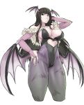  1girl absurdres animal_print arm_up bangs bat_print bat_wings blunt_bangs breasts bridal_gauntlets clothing_cutout cosplay cowboy_shot cropped_legs demon_girl girls_und_panzer guhanshounen hand_in_hair hand_on_hip head_wings heart_cutout highres large_breasts leotard morrigan_aensland morrigan_aensland_(cosplay) nishizumi_shiho pantyhose print_legwear purple_legwear simple_background vampire_(game) white_background wings 