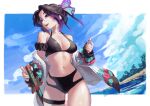  1girl :d absurdres arm_scrunchie arm_strap bangs bikini black_bikini black_hair black_scrunchie blue_sky border breasts butterfly_hair_ornament cleavage cloud collarbone cowboy_shot day hair_between_eyes hair_ornament halterneck highres jinbin825 kimetsu_no_yaiba kochou_shinobu medium_breasts multicolored_hair navel ocean open_mouth outdoors purple_eyes purple_hair scrunchie sheath sheathed sky smile solo standing summer swimsuit sword two-tone_hair weapon white_border 