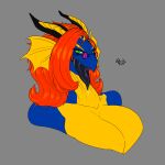  absurd_res anthro big_breasts black_tongue blue_body breasts dragon eyewear female glasses green_eyes hair hi_res horn looking_at_viewer open_mouth rashchaos red_hair scalie sharp_teeth simple_background solo teeth tongue tongue_out yellow_body 