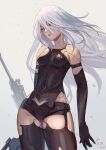  1girl android bare_shoulders black_gloves black_legwear blue_eyes breasts cowboy_shot dated elbow_gloves english_commentary gloves joints long_hair medium_breasts mole mole_under_mouth nier_(series) nier_automata sakumichi silver_hair solo sword thighhighs weapon white_hair yorha_type_a_no._2 