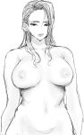  1girl :q absurdres breasts earrings greyscale guhanshounen highres jewelry large_breasts licking_lips long_hair looking_at_viewer monochrome navel nipples original seductive_smile simple_background smile solo stud_earrings tongue tongue_out wet wet_hair white_background 