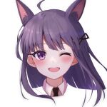 1girl ;d ahoge animal_ear_fluff animal_ears bangs black_necktie blush cat_ears eyebrows_visible_through_hair floating_hair hair_ornament kasumi_(princess_connect!) long_hair looking_at_viewer necktie one_eye_closed portrait princess_connect! purple_eyes purple_hair sazamiso_rx shiny shiny_hair smile solo wing_collar 