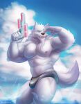  2022 5_fingers abs absurd_res anthro beard biceps biped black_nose black_speedo bublelery bulge canid canine canis claws clothing cloud colored day facial_hair fingers fur grey_body grey_fur grey_tail hi_res holding_water_gun humanoid_hands law_(sdorica) male mammal muscular muscular_anthro muscular_male muscular_thighs nipples one_eye_closed partially_submerged pecs sdorica shirtless signature sky solo speedo swimwear toy toy_gun water water_gun wolf yellow_eyes 