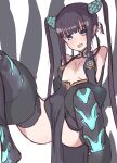  1girl absurdres bangs bare_shoulders black_dress black_legwear blue_eyes blush breasts china_dress chinese_clothes cleavage dress fate/grand_order fate_(series) hair_ornament highres kopaka_(karda_nui) large_breasts long_hair looking_at_viewer open_mouth pelvic_curtain purple_hair restrained sidelocks suspension tentacles thighhighs thighs twintails very_long_hair yang_guifei_(fate) 