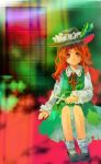  abstract_background alternate_color black_footwear black_headwear collared_shirt commentary_request cross dress fedora frilled_hat frills green_dress hat hat_feather highres holding holding_cross jacket_girl_(dipp) kaigen_1025 long_hair long_sleeves looking_at_viewer multicolored_background red_eyes red_hair red_ribbon ribbon shirt sitting touhou very_long_hair wavy_hair white_shirt 