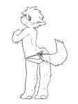  2021 anthro arm_tuft bangs biped black_and_white black_nose canid canine cheek_tuft clothed clothing digital_drawing_(artwork) digital_media_(artwork) facial_tuft full-length_portrait leg_tuft looking_back male mammal monochrome panties panties_down partially_clothed pawpads pizademokttero portrait rear_view smile solo standing tail_tuft three-quarter_view tuft underwear underwear_down white_body 