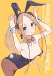  1girl abigail_williams_(fate) absurdres animal_ears arched_back ass bangs bare_shoulders black_bow black_leotard blonde_hair blue_eyes blush bow bowtie breasts bunny_pose character_name collarbone detached_collar earrings fake_animal_ears fate/grand_order fate_(series) forehead hands_up highleg highleg_leotard highres jewelry kopaka_(karda_nui) leotard long_hair looking_at_viewer multiple_bows open_mouth orange_bow parted_bangs playboy_bunny polka_dot polka_dot_bow rabbit_ears rabbit_tail small_breasts tail thighs twintails wrist_cuffs yellow_background 