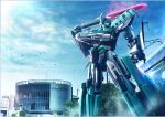  bird clenched_hand e5_hayabusa_(shinkalion) holding holding_sword holding_weapon lens_flare mecha official_art over_shoulder science_fiction shinkansen_henkei_robo_shinkalion sky solo sword train_station weapon weapon_over_shoulder yellow_eyes 