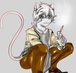  anthro apron bottomwear cat_tail clothed clothing crouching domestic_cat drugs epicbassface felid feline felis footwear fur hi_res male mammal marijuana pants red_eyes shirt shoes simple_background solo solo_focus tagme topwear 
