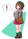  ! 1girl :o backpack bag bob_cut boots brown_bag brown_eyes brown_footwear brown_hair cable_knit cardigan commentary_request from_behind full_body gloria_(pokemon) green_headwear green_legwear grey_cardigan hand_up hat highres hood hood_down hooded_cardigan kneepits kutabireta_neko looking_back pokemon pokemon_(game) pokemon_swsh short_hair socks solo spoken_exclamation_mark standing tam_o&#039;_shanter 