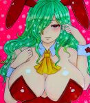  1girl animal_ears ascot bad_hands bare_shoulders blush breasts cleavage detached_collar expressionless fake_animal_ears green_hair hair_behind_ear hair_over_one_eye half-closed_eyes kazami_yuuka kazami_yuuka_(pc-98) large_breasts long_hair looking_at_viewer pink_background rabbit_ears red_eyes simple_background solo touhou touhou_(pc-98) upper_body washiwa wrist_cuffs yellow_ascot 