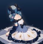  1girl absurdres bangs black_bow black_sleeves blue_background blue_hair bow detached_sleeves doll dress drill_hair frilled_dress frills from_behind gradient gradient_background grey_choker grey_dress gwen_(league_of_legends) hair_bow highres holding holding_doll league_of_legends long_hair on_ground puffy_short_sleeves puffy_sleeves shiny shiny_hair short_sleeves sitting solo strapless strapless_dress tile_floor tiles twin_drills yuk233 
