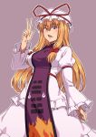  1girl bangs blonde_hair bow breasts dress eyebrows_visible_through_hair grey_background hair_bow hat highres juliet_sleeves kakone long_hair long_sleeves looking_at_viewer mob_cap multiple_bows open_mouth outline puffy_sleeves purple_eyes red_bow simple_background solo standing tabard touhou v white_dress white_headwear white_outline yakumo_yukari 